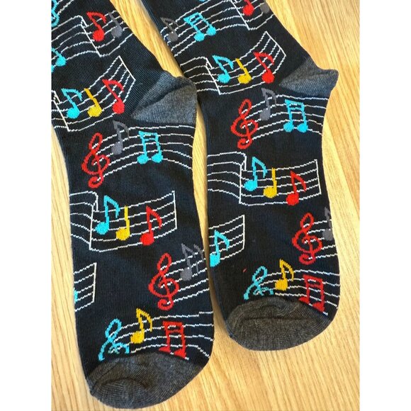 Music Note Patterned Black Socks Colorful Treble Clefs Notes Singer Musician - Picture 3 of 8